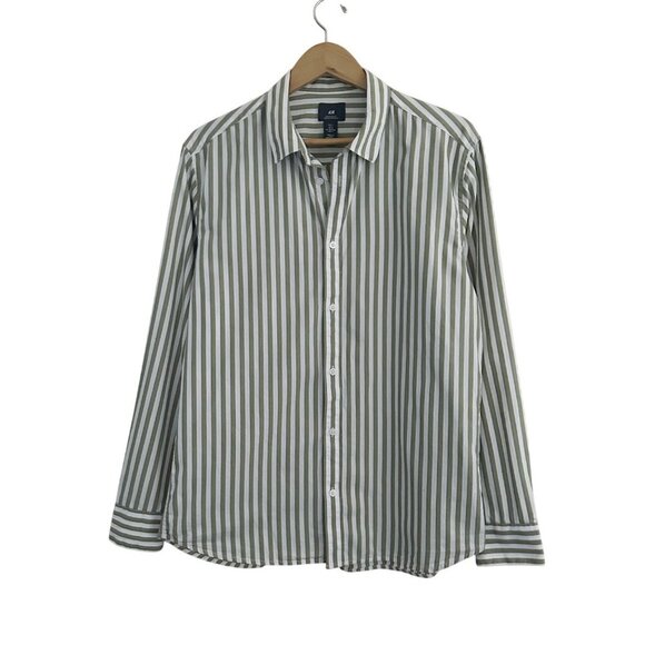 H&M Button Up Striped Poplin Regular Fit Shirt Mens Size Large Classic Modern - Picture 2 of 5